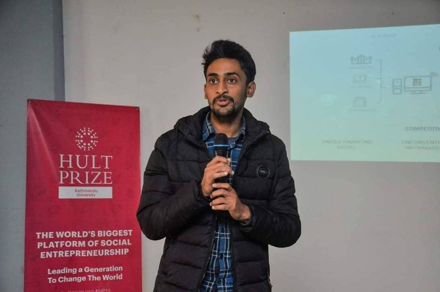 Rajesh speaking during a Hult Prize program at Kathmandu University (KU)