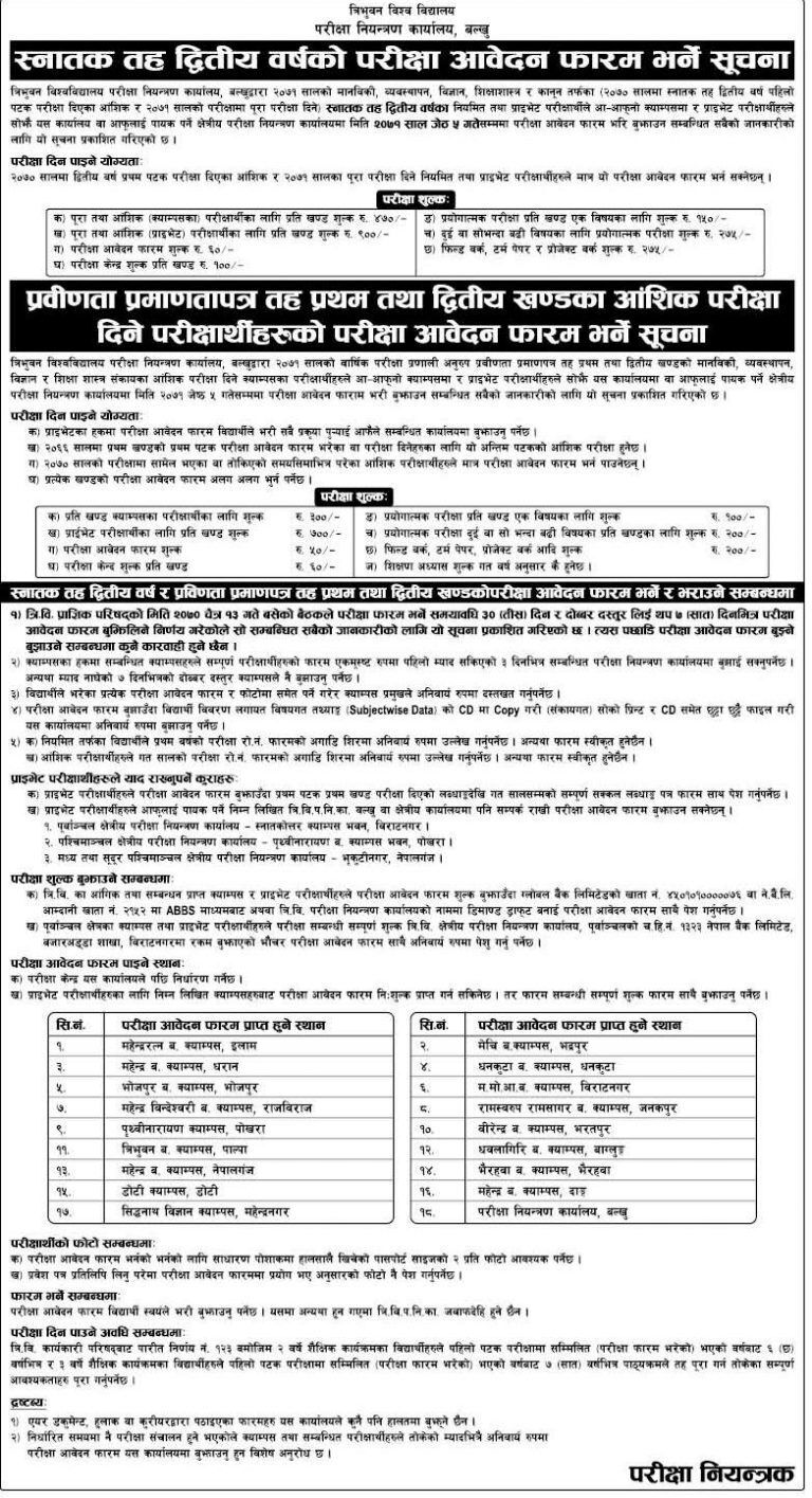 Tribhuvan University Bachelor second year application form notice