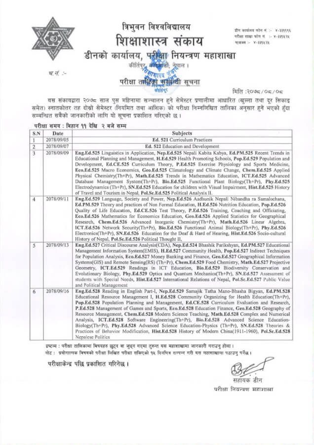 M.Ed 2nd Semester Exam Routine Published By TU