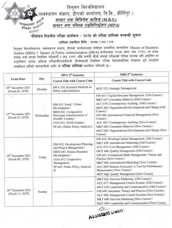 MPA And MBS 4th Semester Examination Routine Published By Tribhuvan University
