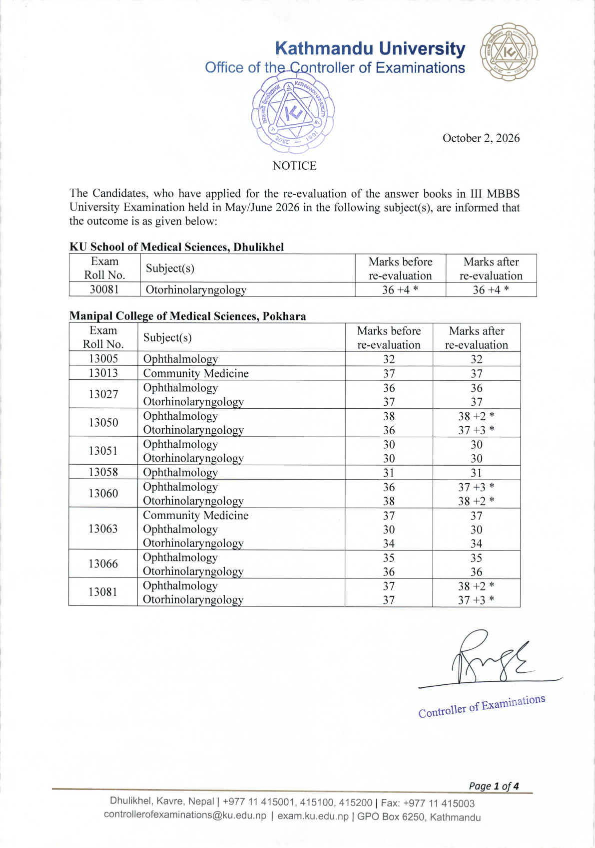Official Circular - KU Issues III MBBS University Examination Re-evaluation Results (May/June 2026 Session) (Page 1)