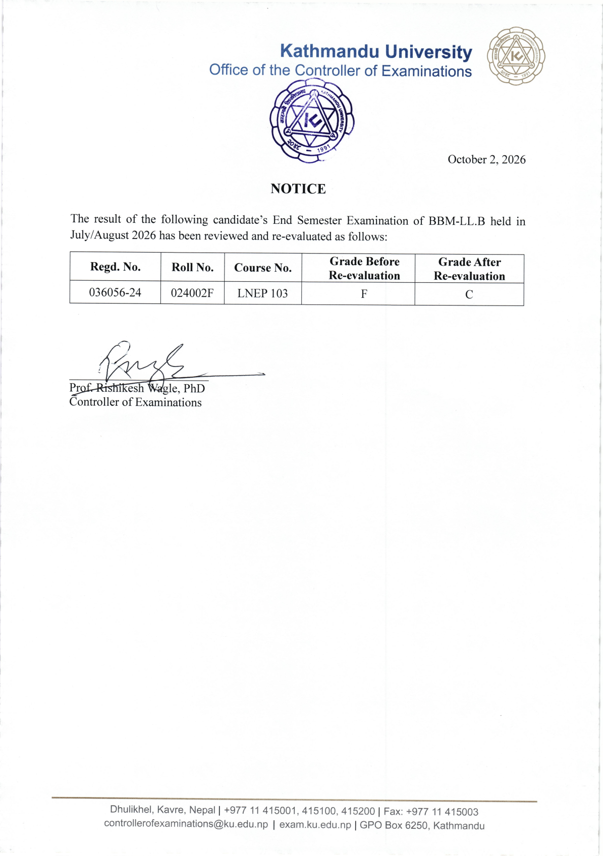 Official Circular - Kathmandu University Publishes BBM-LL.B and BEc-LL.B Re-evaluation Results October 2026 (Page 2)