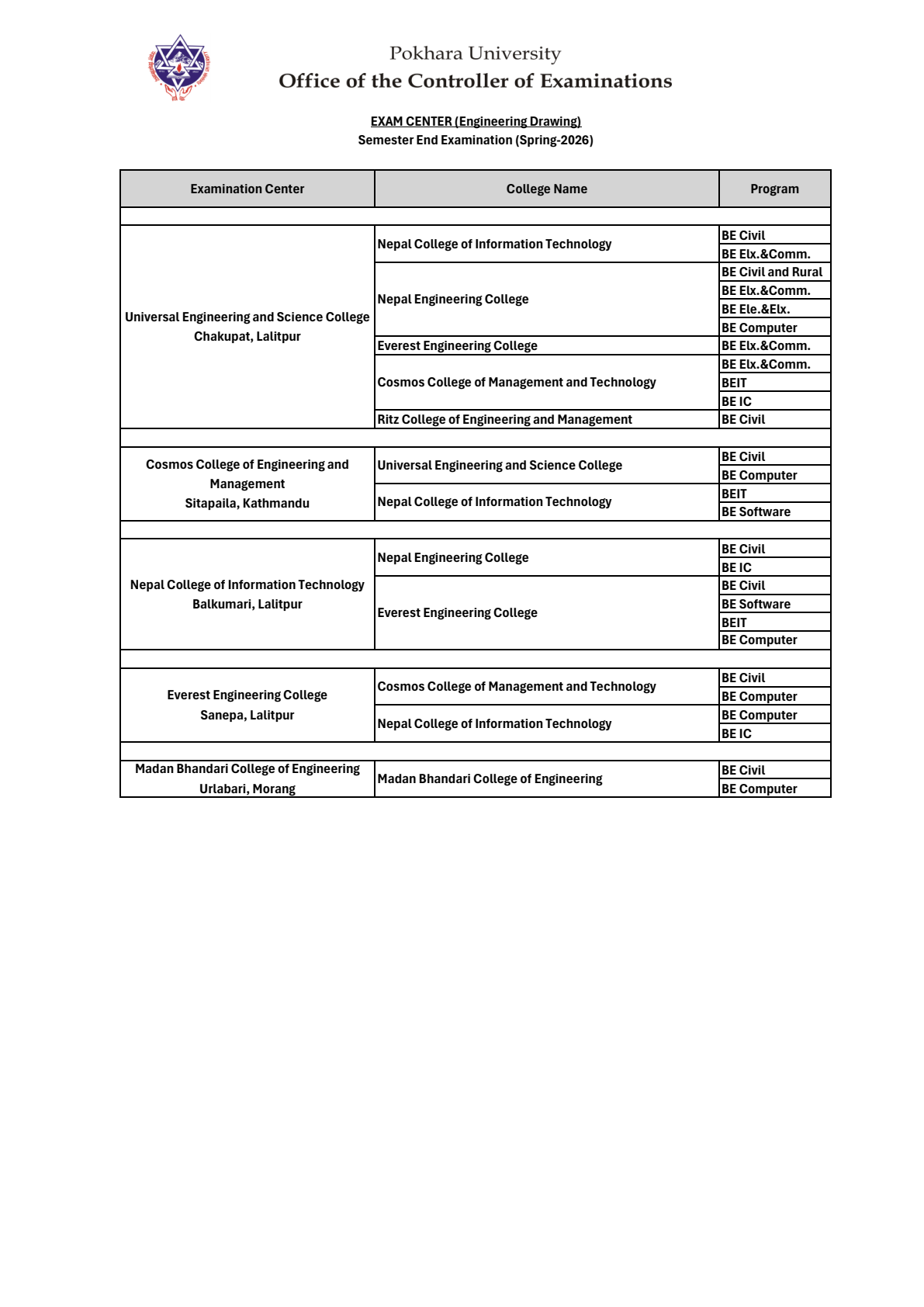 Official Circular - Pokhara University Exam Centers Announced for Engineering Drawing (Spring 2026) (Page 2)