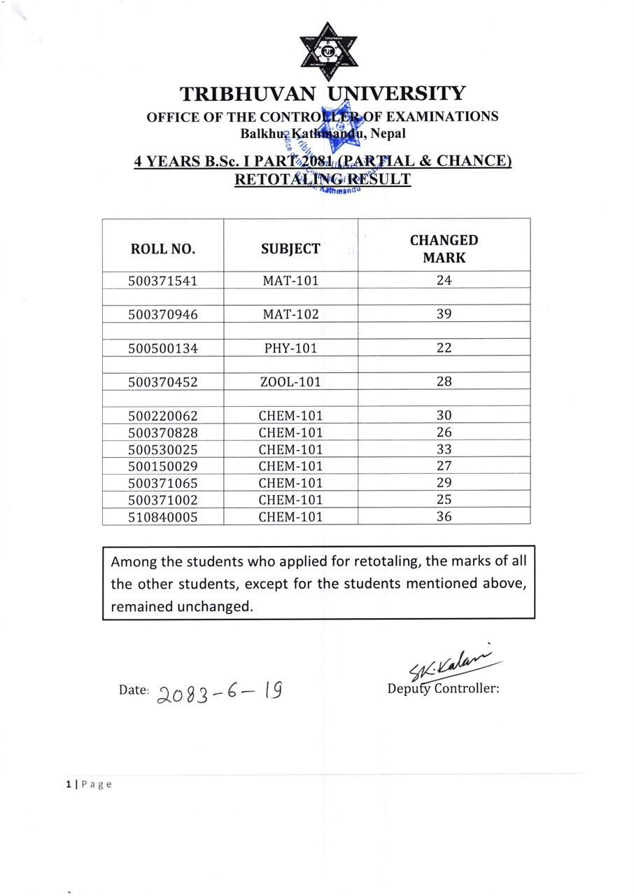 Official Circular - TU Publishes 4-Year B.Sc. First Year Partial and Chance Retotalling Results 2081 (Document)
