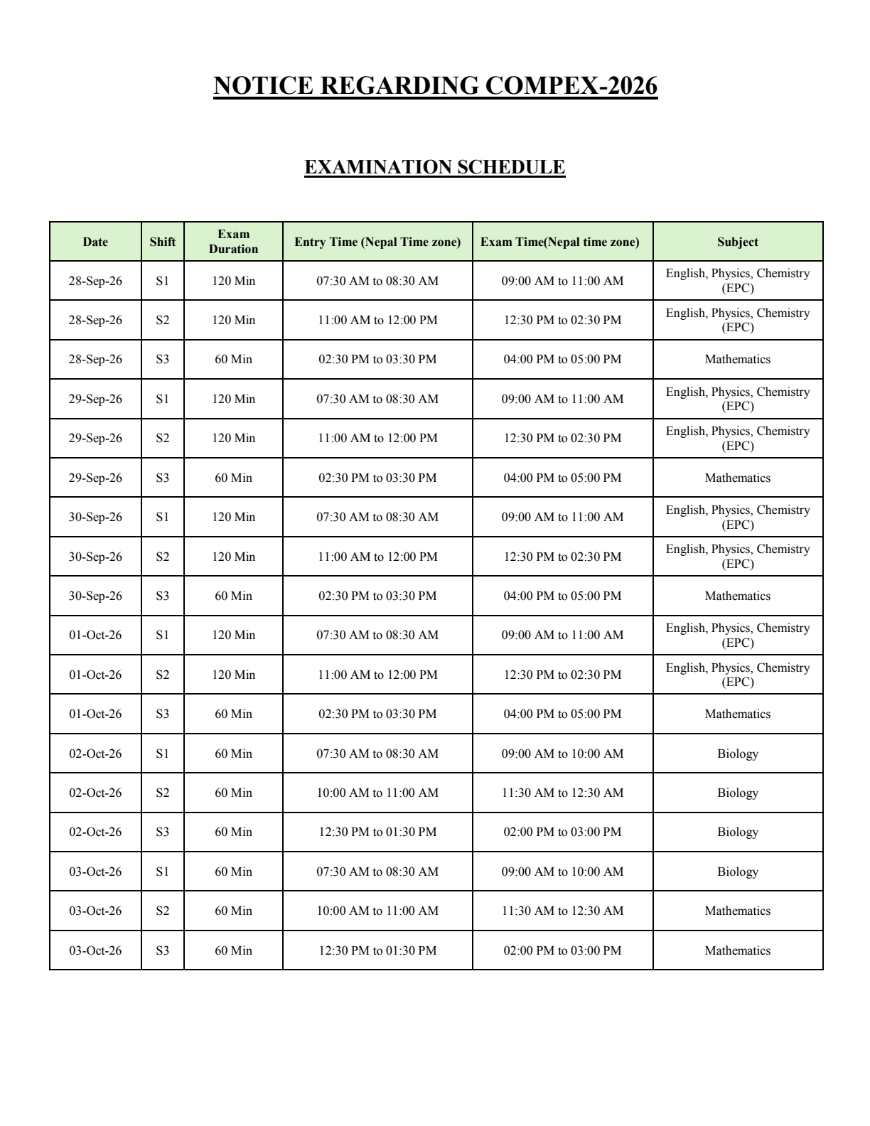 Official Circular - Embassy of India Releases COMPEX 2026 Exam Schedule, Shift Timings, and Mock Tests (Page 1)