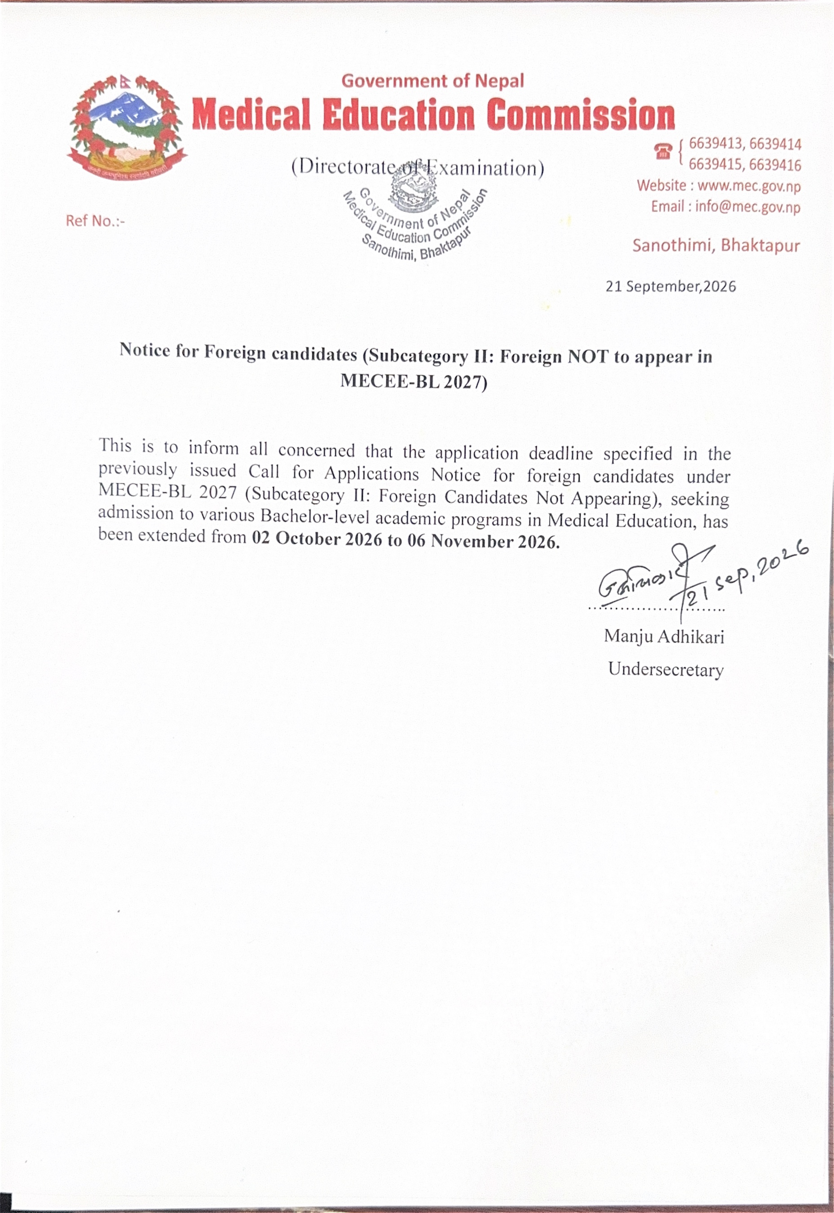 Official Circular - MEC Extends MECEE-BL 2027 Application Deadline for Foreign Candidates to November 6 (Document)