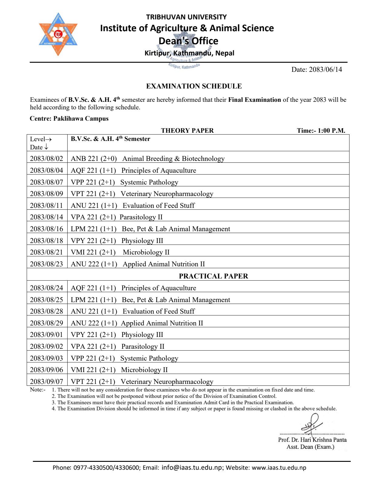 Official Circular - TU IAAS Publishes B.V.Sc. and A.H. 4th Semester Final Exam Routine 2083