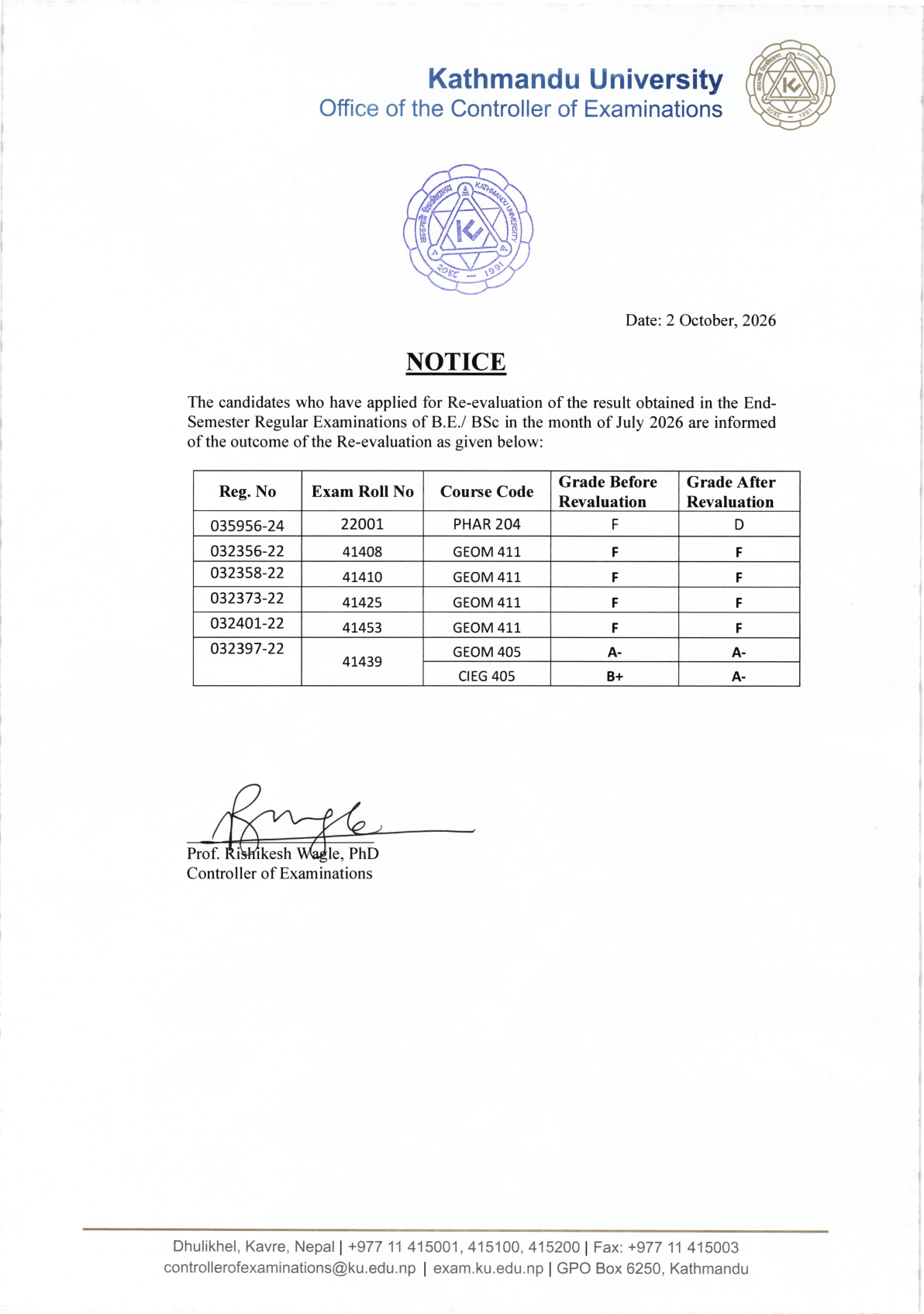 Official Circular - Kathmandu University Releases B.E. and B.Sc. End-Semester Re-evaluation Results (July 2026)