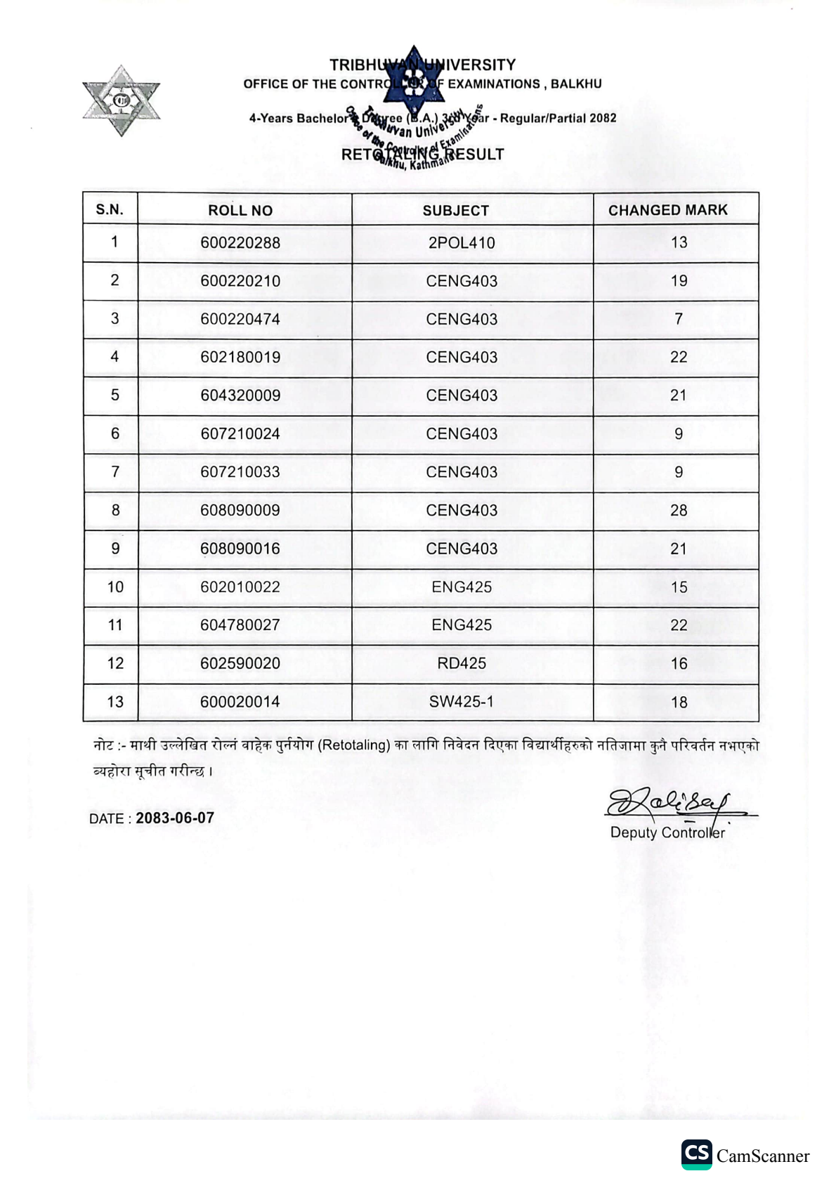 Official Circular - TU Balkhu Issues 4-Year B.A. Third Year Retotaling Results 2082: Check Roll Numbers