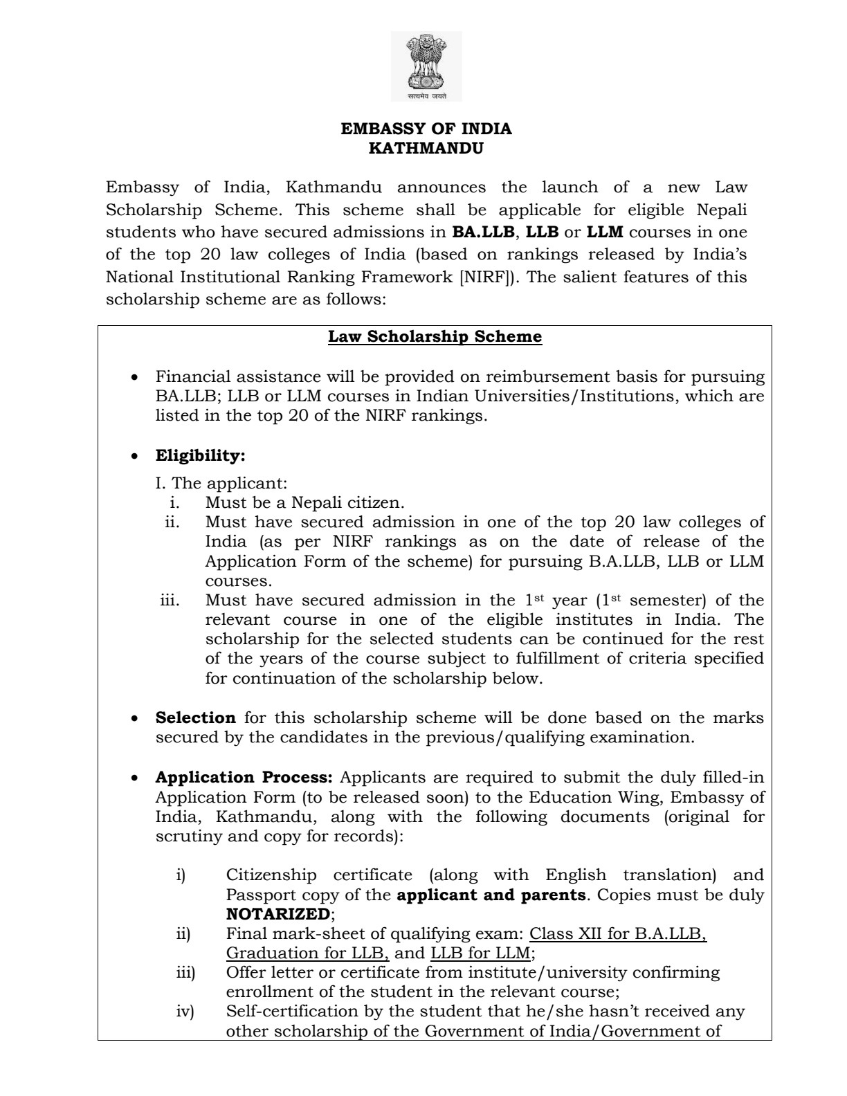 Official Circular - Embassy of India Announces New Law Scholarship Scheme for Nepali Students in India (Page 1)
