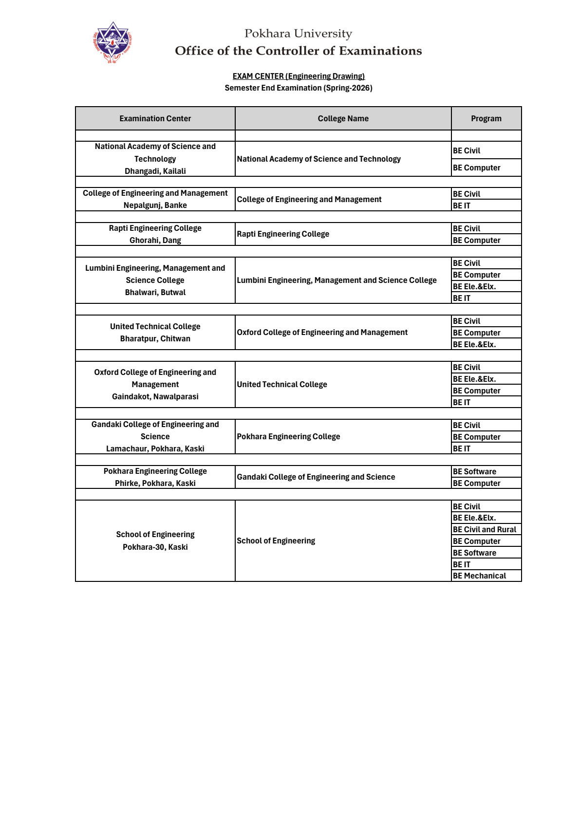 Official Circular - Pokhara University Exam Centers Announced for Engineering Drawing (Spring 2026) (Page 1)