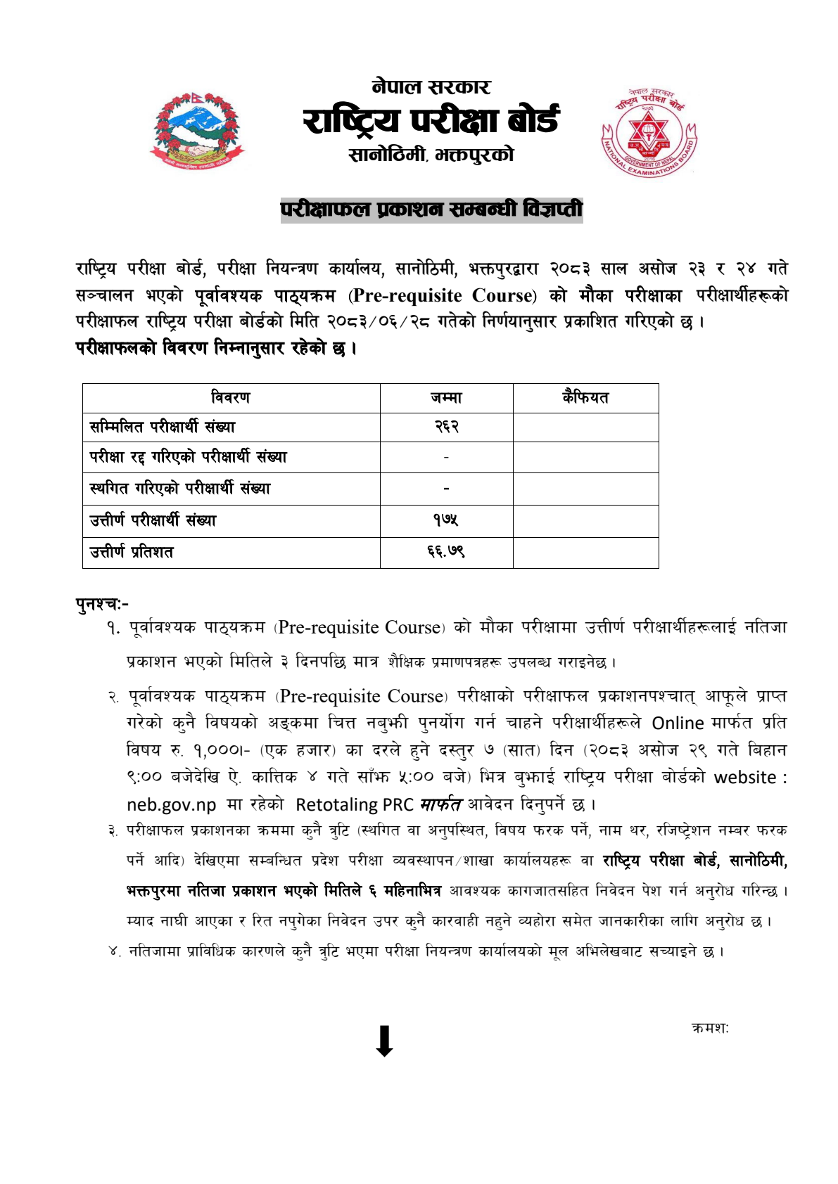 Official Circular - NEB Publishes Pre-requisite Course Chance Exam Result 2083 (Page 1)